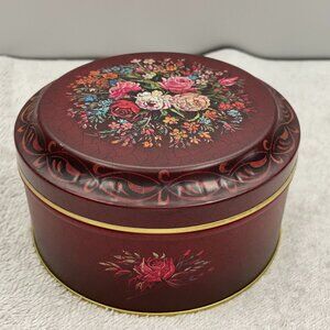 EUC Vintage Barringer Wallis and Manners Tin, Red Floral, 5" Diam x 2 3/4" T